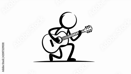 Stick Figure Musician Playing Guitar: A simple, bold illustration of a stick figure crouching and enthusiastically playing an acoustic guitar, capturing the essence of music and performance.