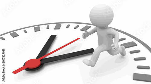 Time is Running Out: A 3D stick figure dashes across the face of a clock, symbolizing the relentless passage of time and the urgency to complete tasks before deadlines approach.