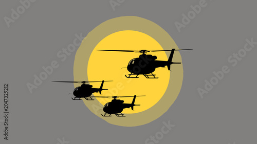Helicopter Formation Flight: A tactical formation of helicopters silhouetted against a bright yellow sun, symbolizing power and precision in flight.