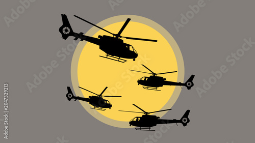 Helicopter Formation in Yellow Circle: A strategic aerial maneuver showcasing a formation of four helicopters silhouetted against a bright yellow circle.