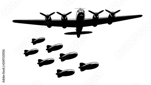 Vintage Bomber Dropping Bombs: A silhouette of a vintage four-engine bomber aircraft is shown from directly above, dropping a cluster of bombs.