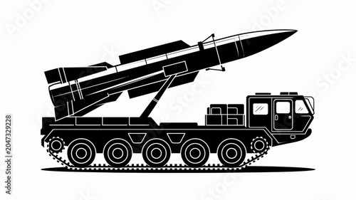 Ballistic Missile Launcher: A detailed illustration of a mobile ballistic missile launcher, featuring a powerful missile mounted on a tracked vehicle, ready for deployment.