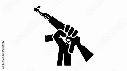 Raised Fist with Rifle: A powerful graphic illustration depicts a clenched fist holding an assault rifle aloft, symbolizing resistance, rebellion, or a call to arms.