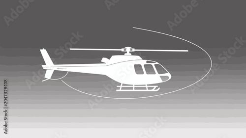 Helicopter Icon in Flight Path: A minimalist white silhouette of a modern helicopter is depicted in a graceful, looping flight path against a subtle gradient background.