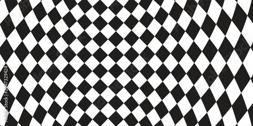 Abstract black and white diamond checkerboard background. Seamless geometric diagonal checkered pattern for retro pop art, racing theme, and minimalist design backdrop.