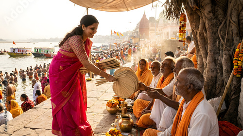 Ganga dussehra celebration with woman offering fans to pilgrims