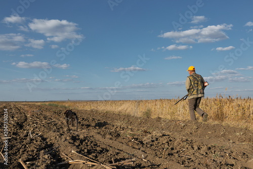 Mature man hunter with gun while walking on field.