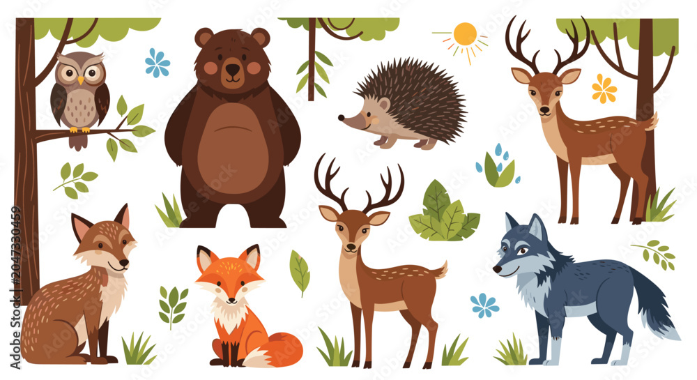 Obraz premium Adorable collection of stylized forest animals including a bear, deer, fox, wolf, owl, and hedgehog in a natural woodland environment.