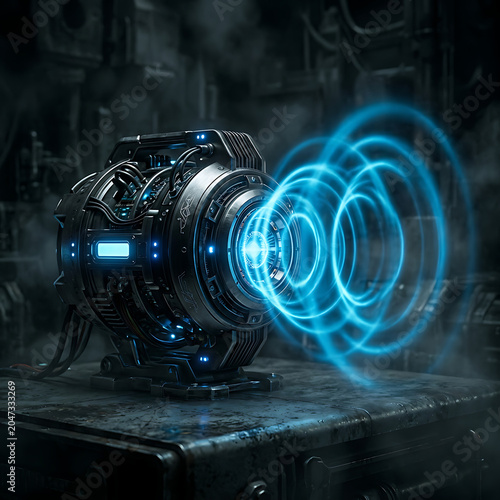 Futuristic Sci-Fi Device Emitting Blue Energy Waves - Abstract Technology Concept
