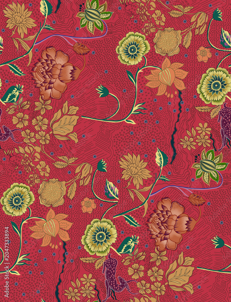 Fototapeta premium Detailed traditional botanical seamless pattern featuring intricate floral motifs, vines, and hidden wildlife elements on vibrant backgrounds.