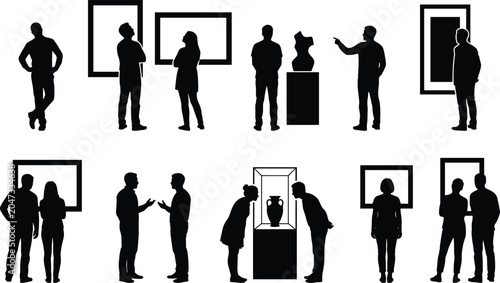Konstfotografi Art gallery silhouette illustration with people observing paintings, sculptures,