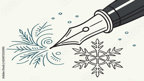 Fountain pen sketching intricate snowflake design line art with fountain