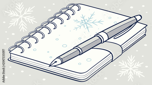Winter journal with fountain pen and snowflake pattern notebook snowflake