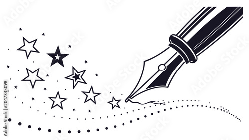 Fountain pen writing magic stars and decorative dots line art with fountain