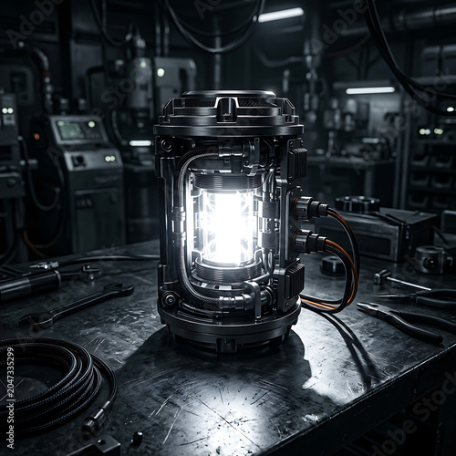 Futuristic energy core generator with intricate mechanical details on a workbench