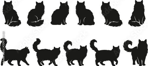 Schilderij op canvas Cat silhouette illustration with sitting and walking poses, fluffy fur details,