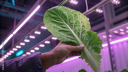 Hydroponic leafy green plant under grow lights