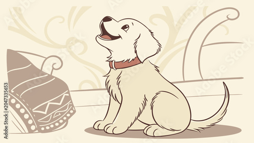 Schilderij op canvas Cute cartoon puppy sitting happily looking up with collar, illustration