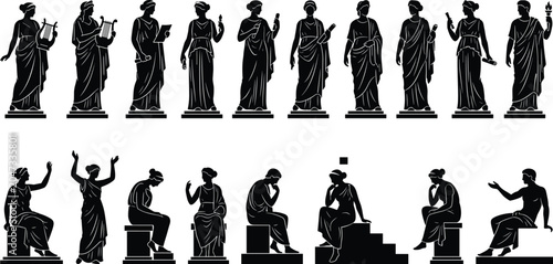Tableau sur toile Classical statue silhouette illustration with Greek and Roman figures, muses, de
