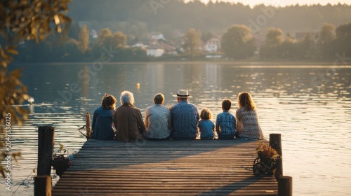 multi-generational family group watching calm lake water from a wooden dock
