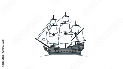 Fotografie Vintage Tall Ship Illustration: Majestic Galleon with Full Sails on White Backgr