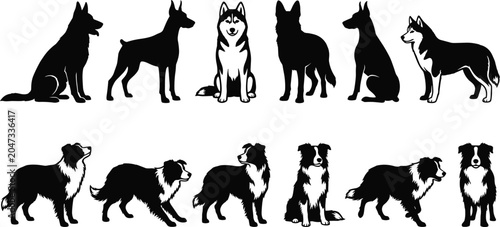 Fotografía Dog silhouette illustration with German Shepherd, Husky, Collie, Australian Shep