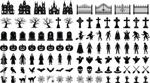 Фотография Halloween silhouette illustration with haunted houses, witches, zombies, vampire