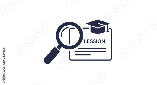 A magnifying glass icon placed next to a document with a graduation cap symbol