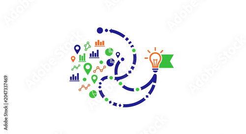 A digital illustration showing data flow leading to a bright creative idea