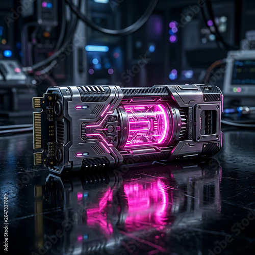 Futuristic glowing energy cell in a dark, sci-fi laboratory setting