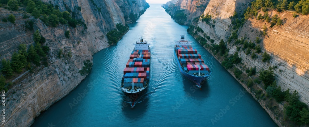 Fototapeta premium Freight ships navigate a narrow ocean channel with rugged cliffs and turquoise waters under a sunny sky.