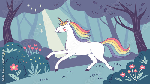 Konstfotografi Cute magical unicorn running in a fantasy enchanted forest with radiant light