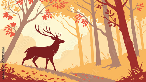 Foto Stately deer standing in an autumn forest with golden sunlight and falling