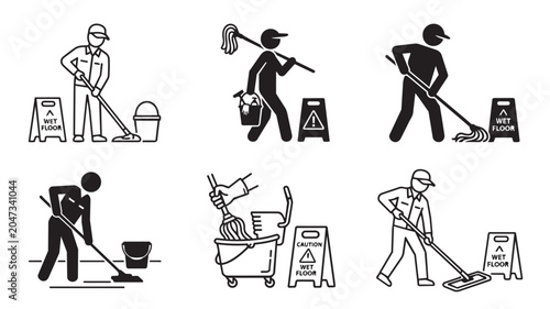 Set of janitor icons with mop, bucket and wet floor caution sign vector