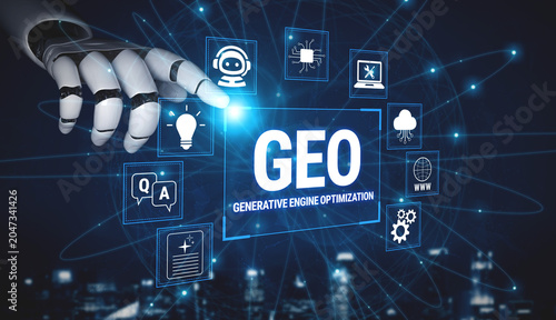 Foto Futuristic Robotic Hand Touching Iconic Symbols for Generative Engine Optimization within a Dark Technological Background Fluxor