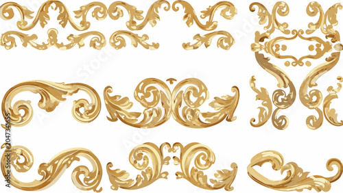 Schilderij op canvas Golden floral ornament set against a white background featuring intricate curves