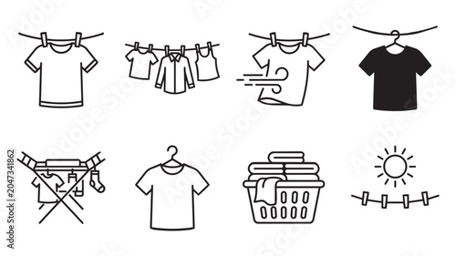 Laundry icons set, clothes drying and washing line collection vector