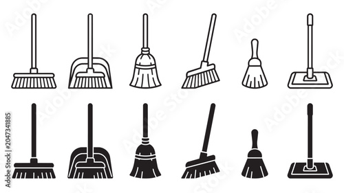 Set of broom and mop icons, cleaning tools vector illustration vector