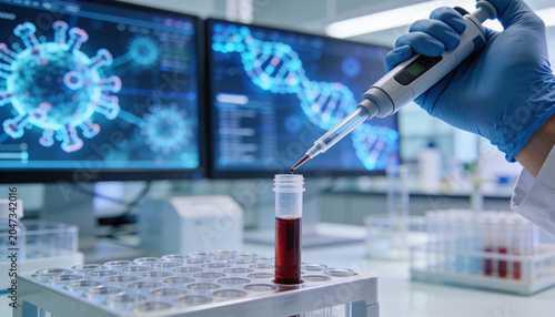 Biotech Researcher Working with Micropipette and Blood Specimen with DNA Data on Screen