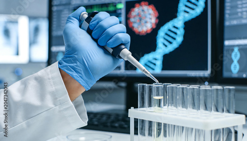 Scientist Hand in Glove Using Micropipette for Blood Sample Analysis in Lab