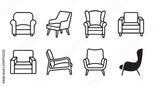 Set of armchair icons, furniture collection for interior design vector