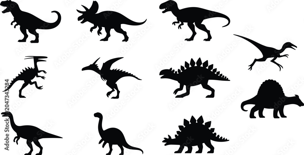 Obraz premium Dinosaur Silhouette Vector Collection Featuring Tyrannosaurus Triceratops Stegosaurus Spinosaurus and Prehistoric Reptile Icon Set