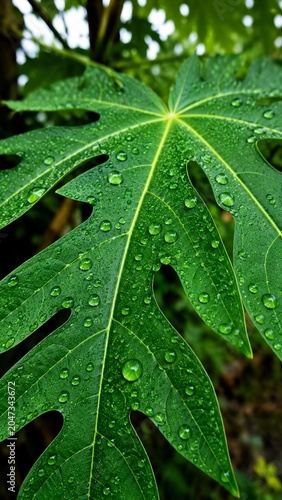 Close Up of Vibrant Green Papaya Leaf Covered in Fresh Rain Droplets