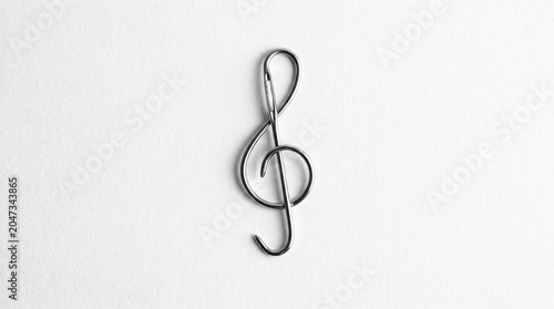 Silver Metal Treble Clef Musical Note Symbol Isolated on White Textured Paper