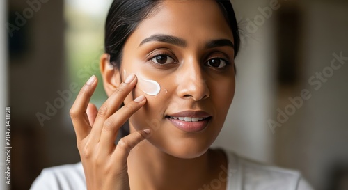 Young Indian Woman Applying Moisturizing Cream on Face for Daily Skincare Routine, Healthy Glowing Skin Concept, Natural Beauty Portrait, Self Care and Wellness Lifestyle