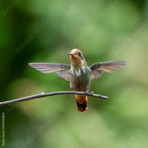 Hummingbird Perched on Branch with Wings Spread in Lush Greenery