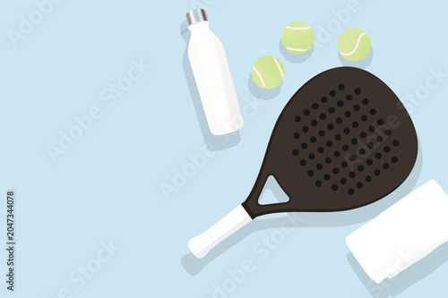 Padel Tennis Equipment Flat Vector Illustration with Racket Balls and Water Bottle