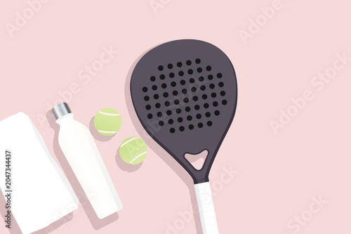 Padel Tennis Equipment Flat Vector Illustration with Racket Balls and Water Bottle