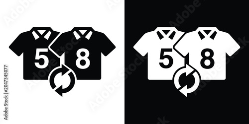 Football player substitution vector icon featuring jersey number 5 and 8 with arrows. Ideal for sports broadcast graphics, line-up changes, and tactical rotation updates.