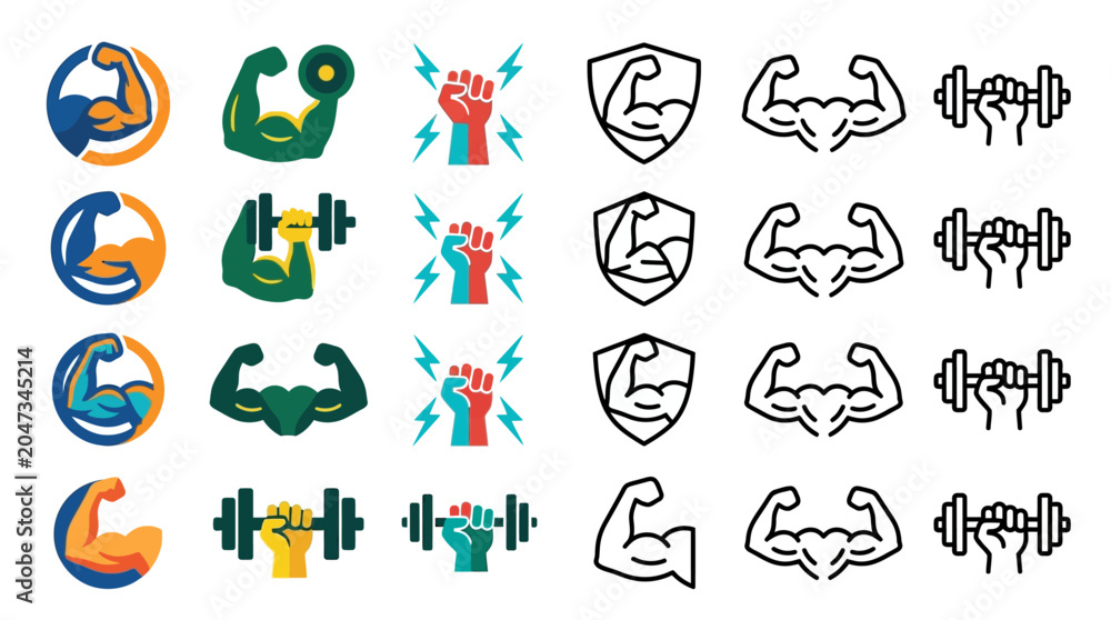 Obraz premium Strong Power Icon Set – Muscle Arm, Fitness & Bodybuilding Vector Collection 